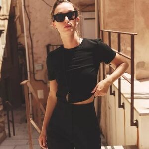 ZARA Cropped Cotton Blend Stretch Tee Black Size M Minimalist